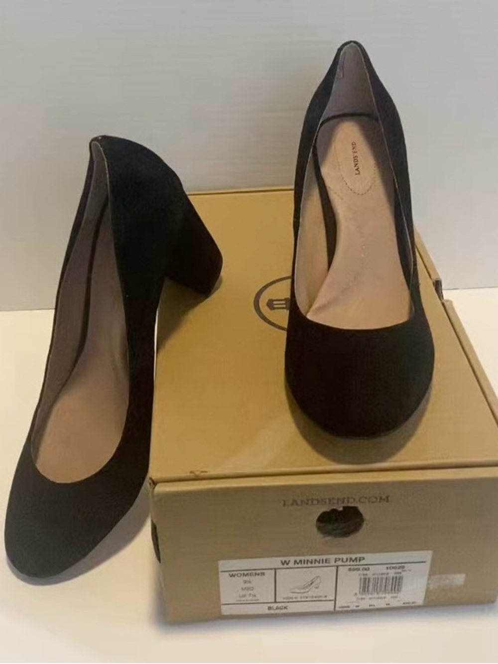 Lands' End NIB NWT Black Minnie Pump Block - Chunky 3 1/2” Heel Suede Size 9.5